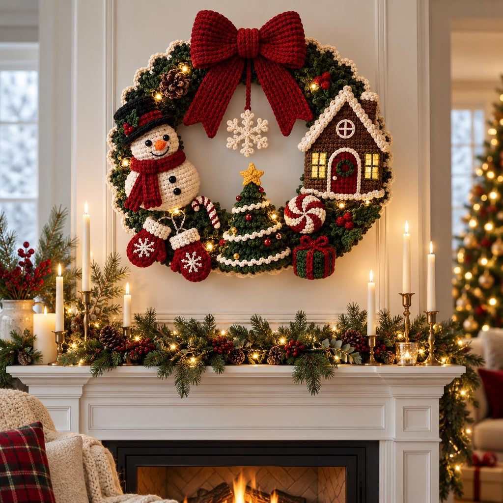 Crochet Snowman & Gingerbread House Wreath