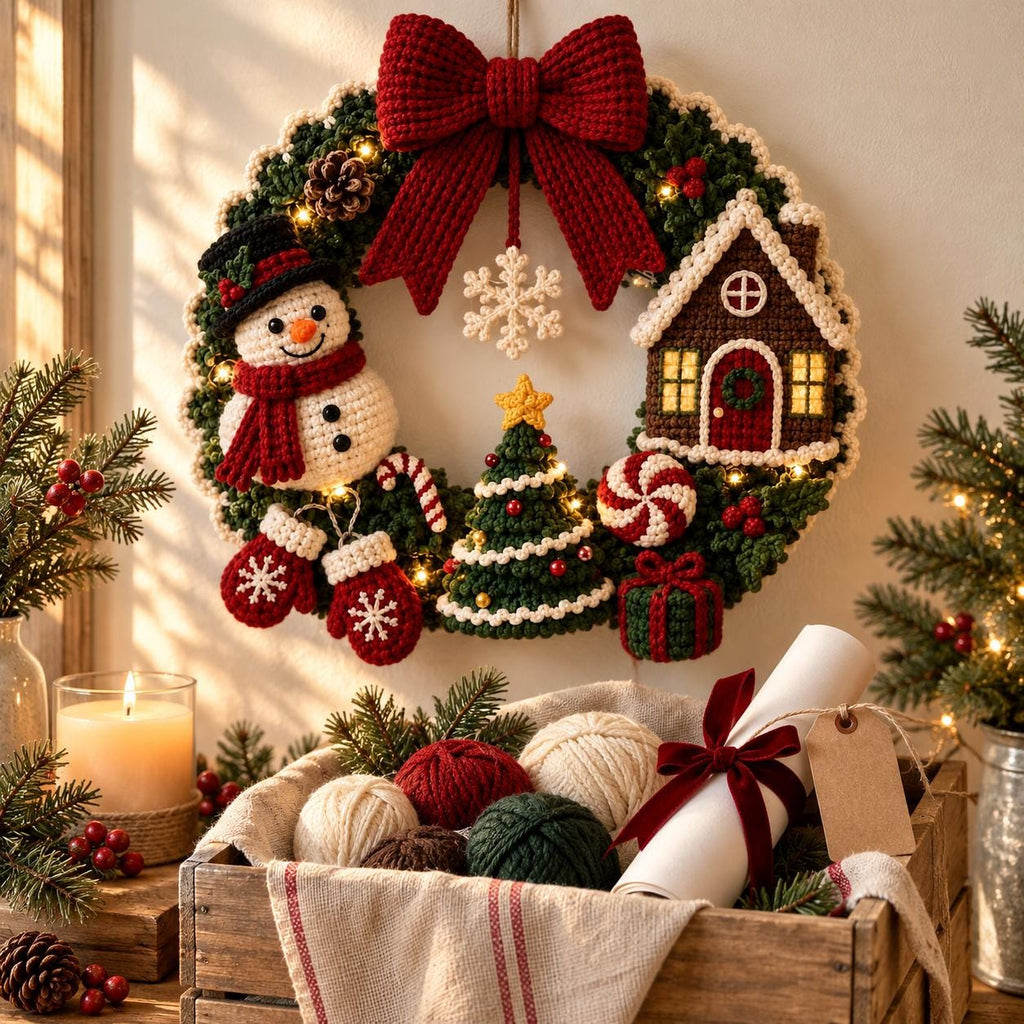 Crochet Snowman & Gingerbread House Wreath