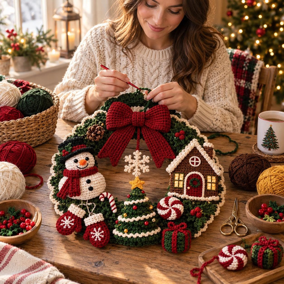 Crochet Snowman & Gingerbread House Wreath