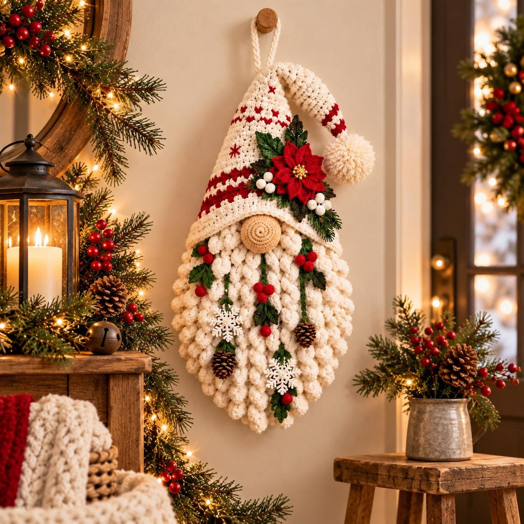 Crochet Poinsettia Christmas Gnome Wall Hanging