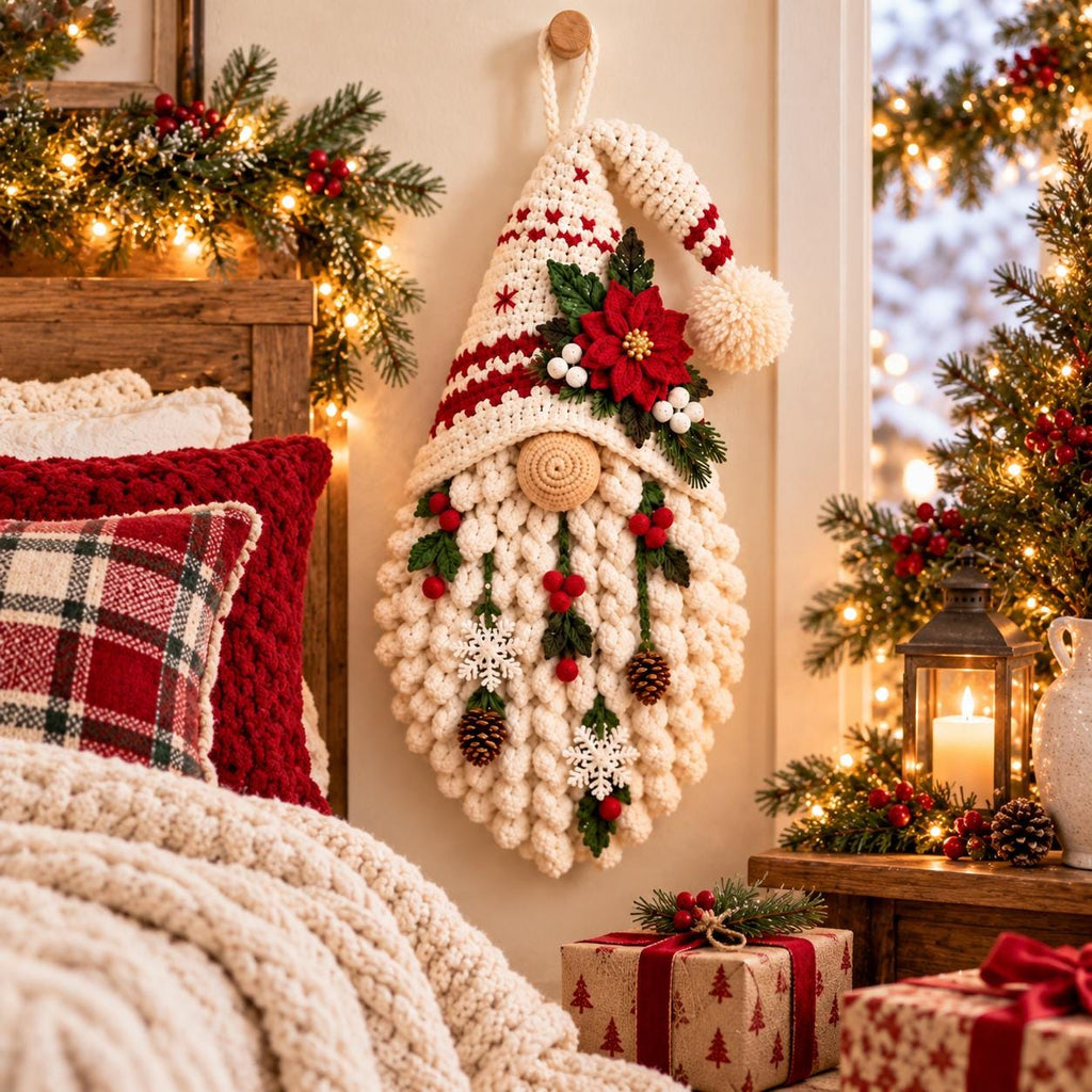Crochet Poinsettia Christmas Gnome Wall Hanging