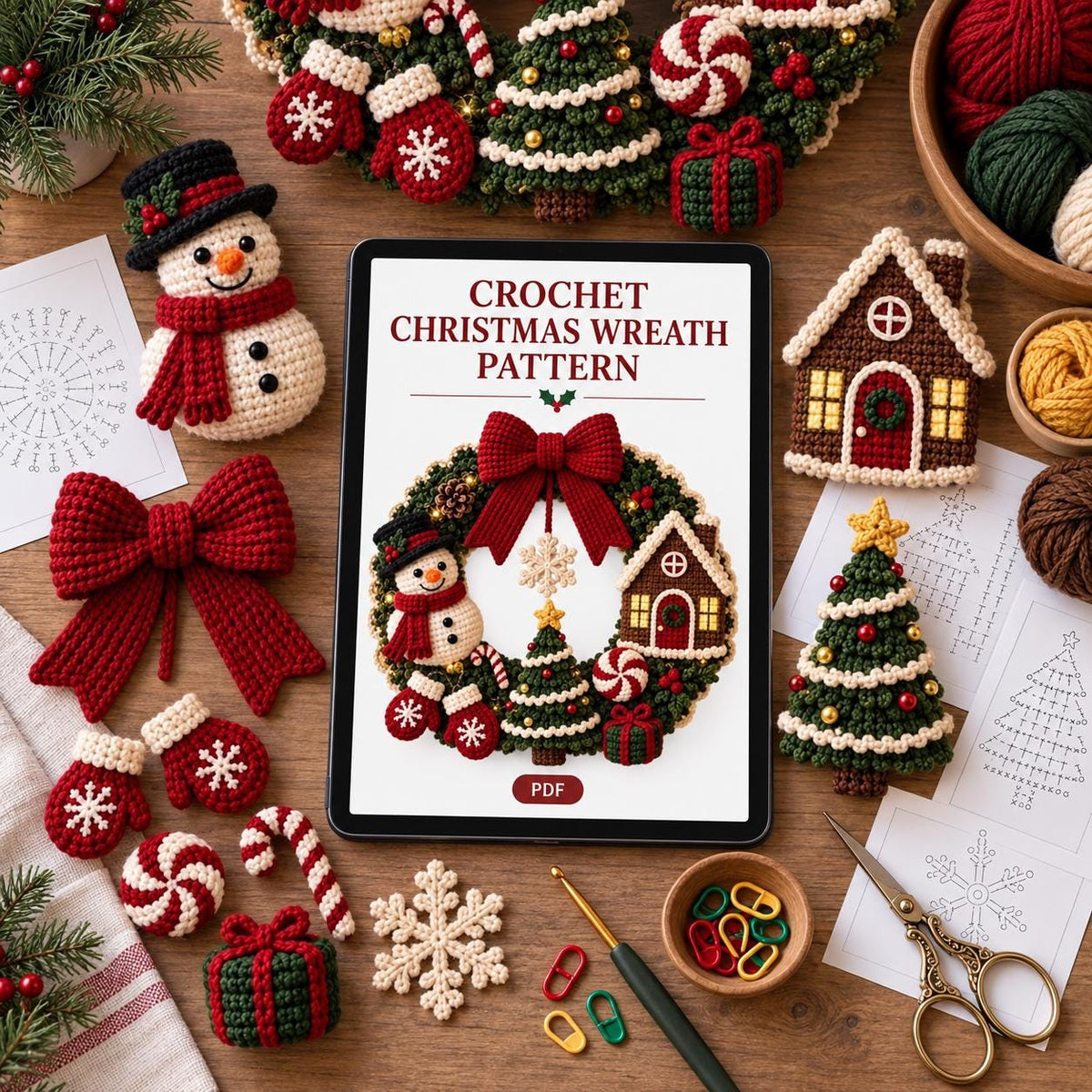 Crochet Snowman & Gingerbread House Wreath