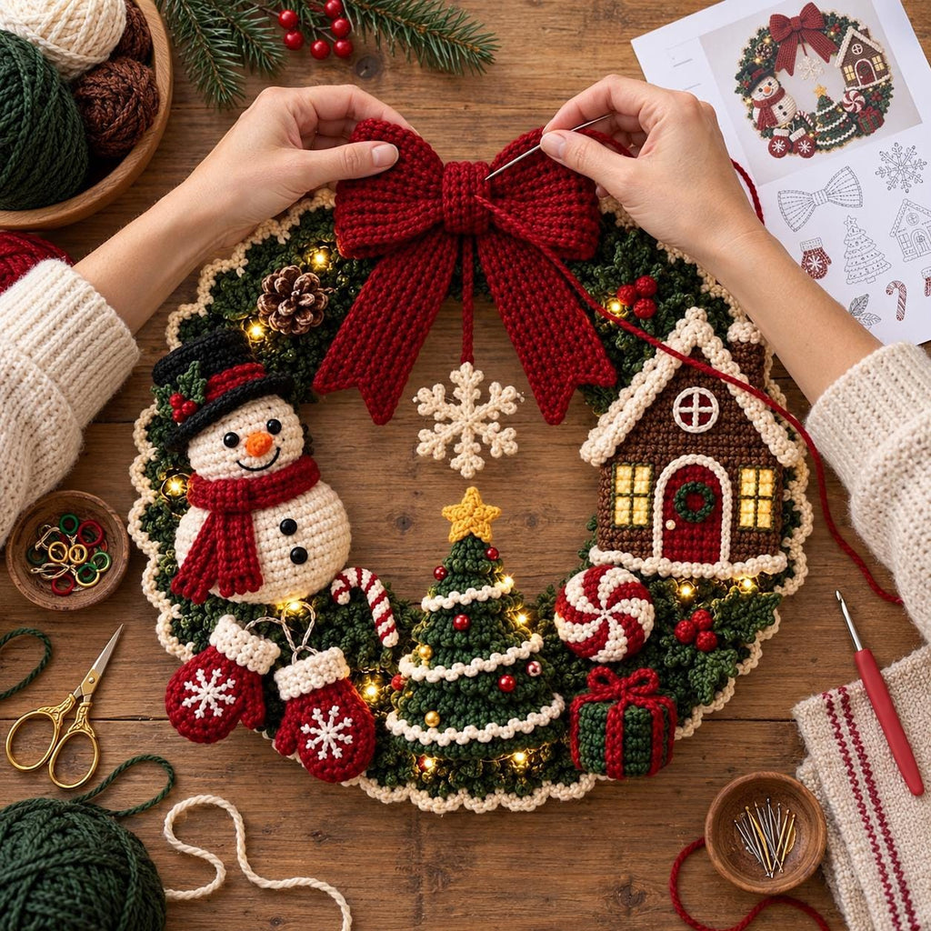Crochet Snowman & Gingerbread House Wreath