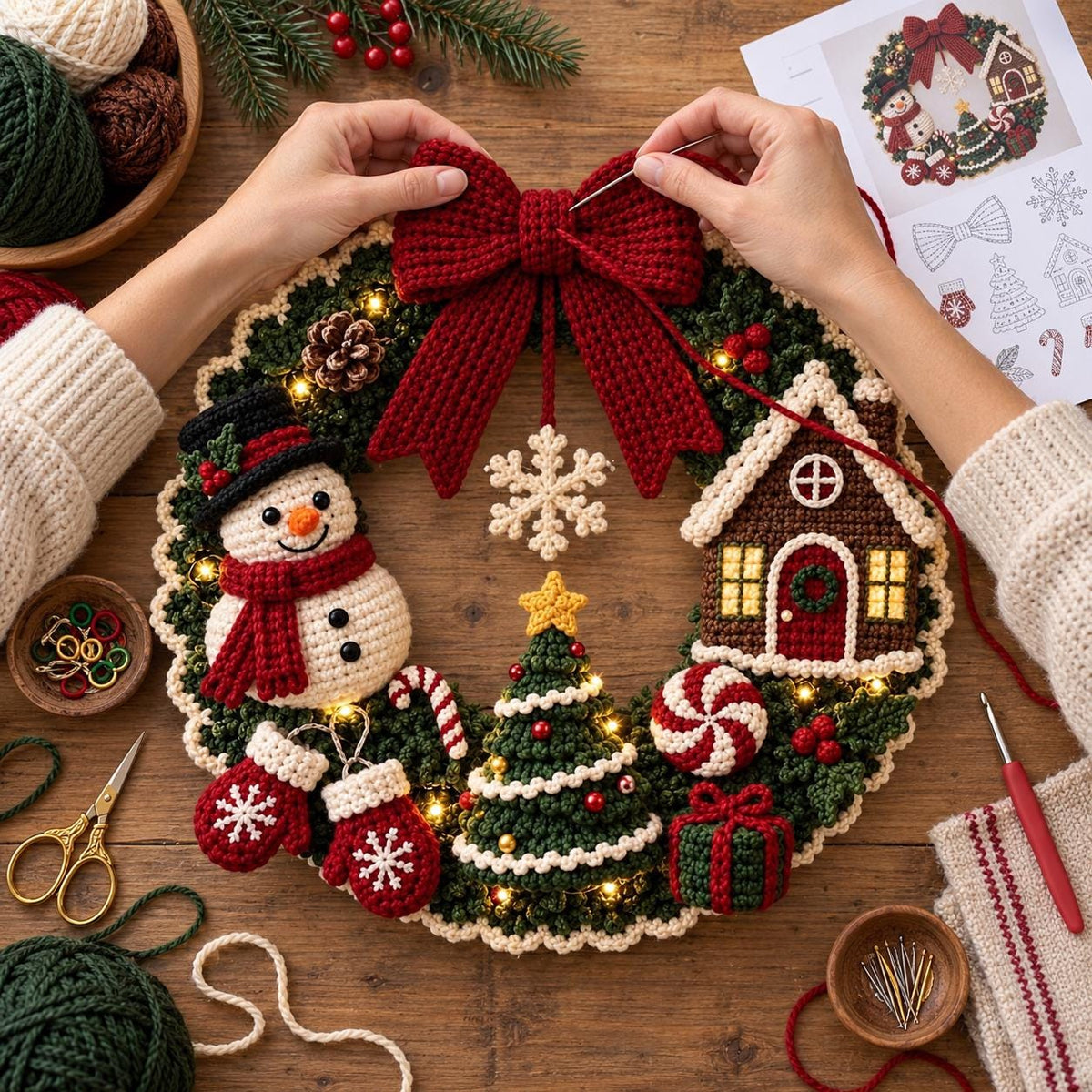 Crochet Snowman & Gingerbread House Wreath
