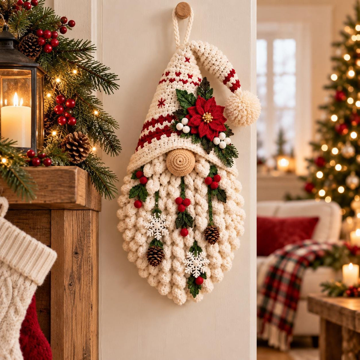 Crochet Poinsettia Christmas Gnome Wall Hanging