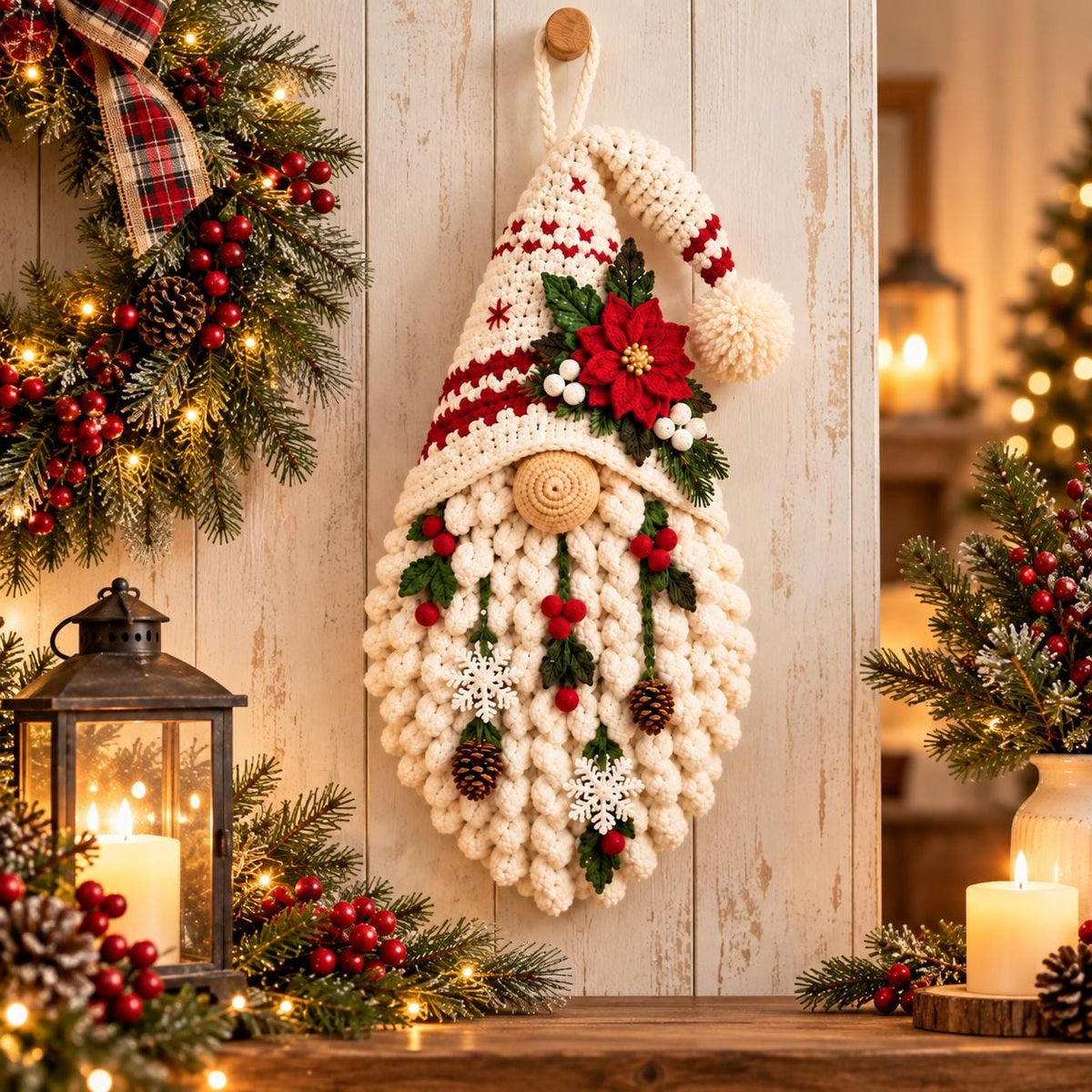 Crochet Poinsettia Christmas Gnome Wall Hanging