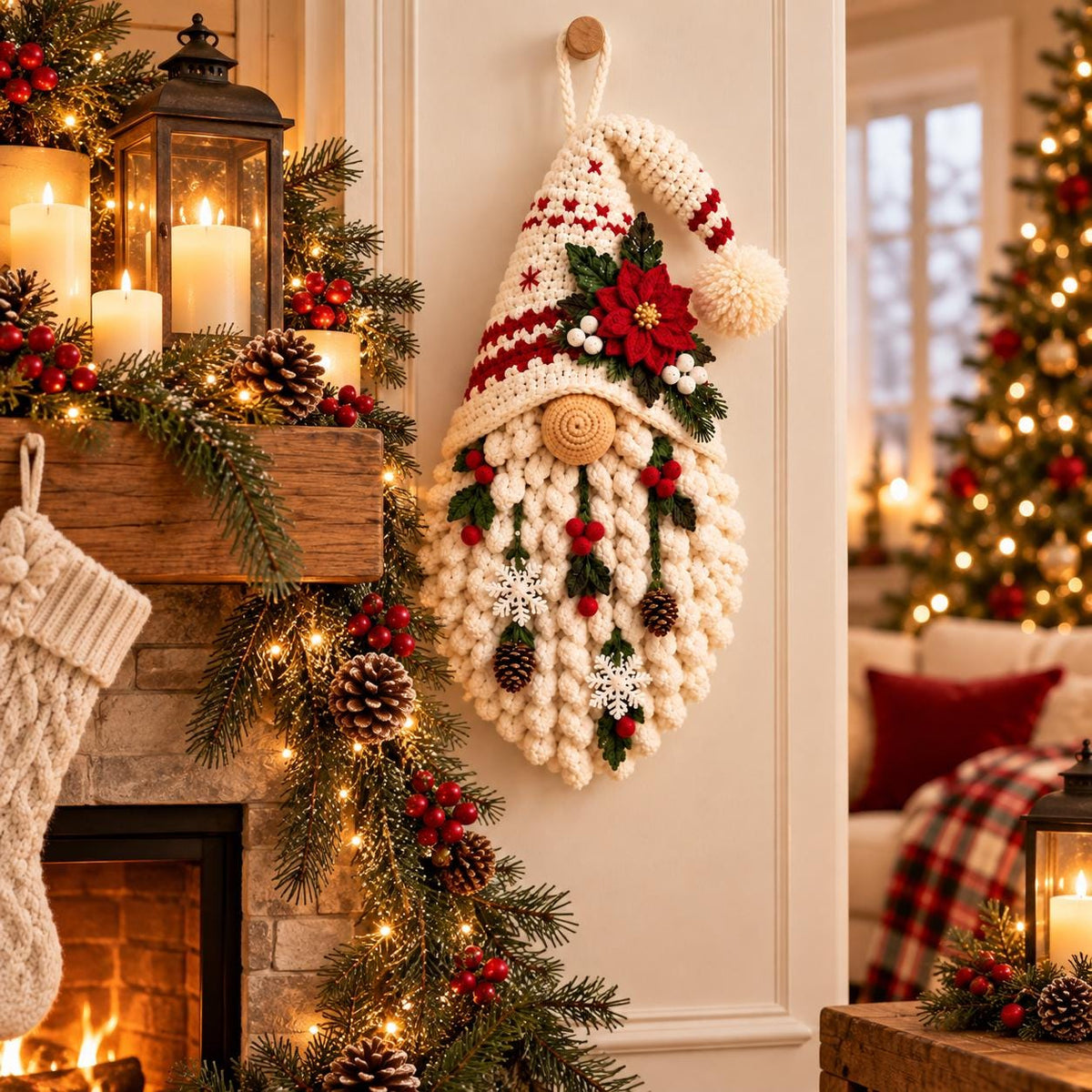 Crochet Poinsettia Christmas Gnome Wall Hanging