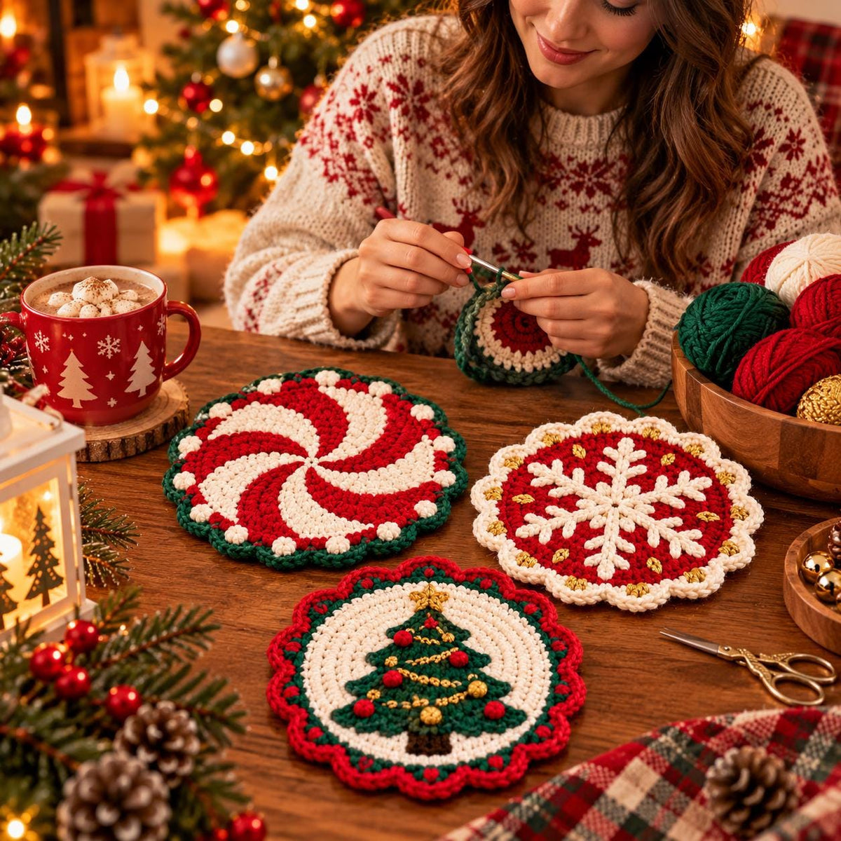 Crochet Holly Christmas Coaster