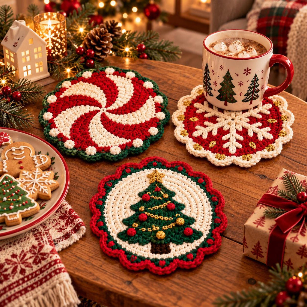 Crochet Holly Christmas Coaster