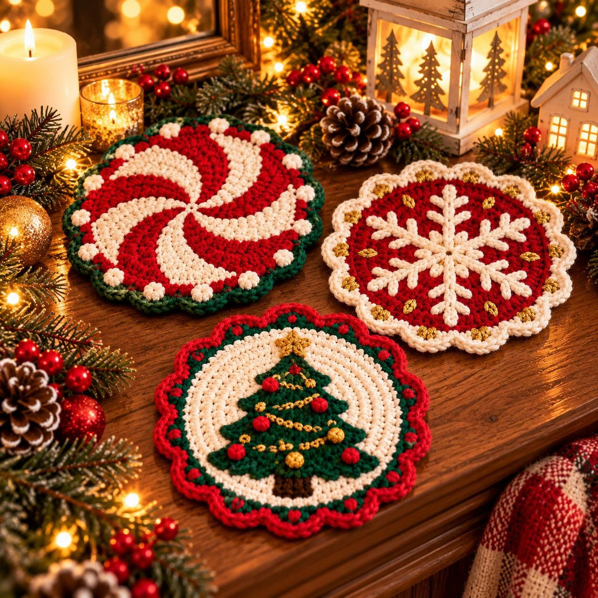 Crochet Holly Christmas Coaster