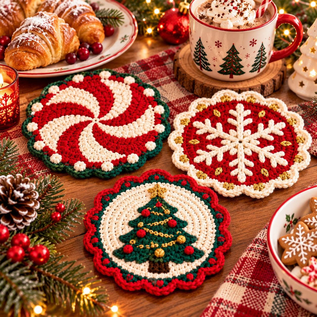 Crochet Holly Christmas Coaster