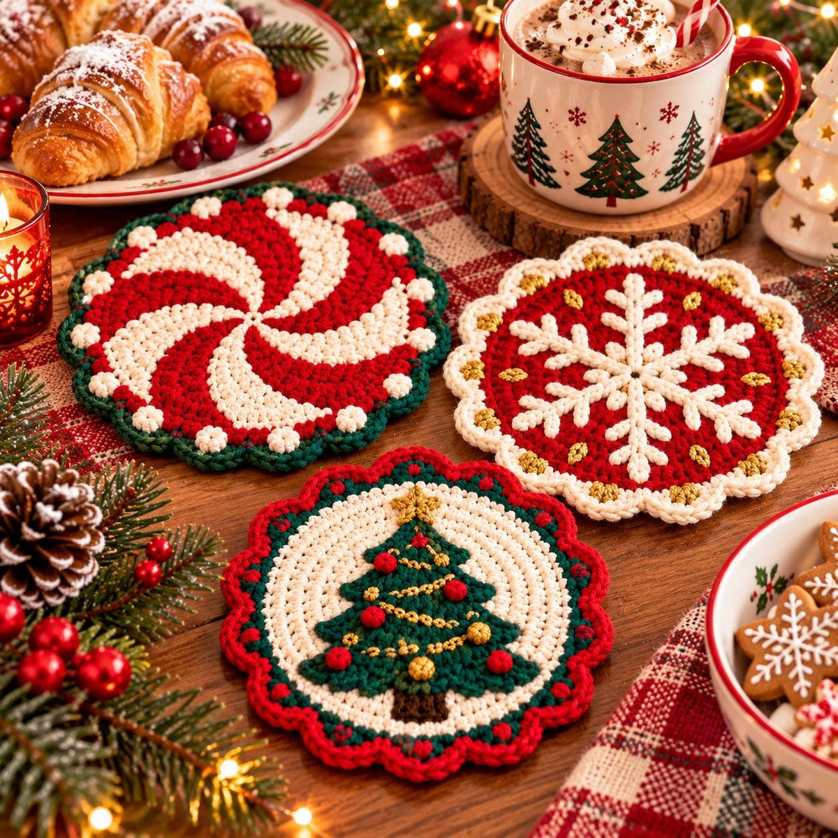 Crochet Holly Christmas Coaster