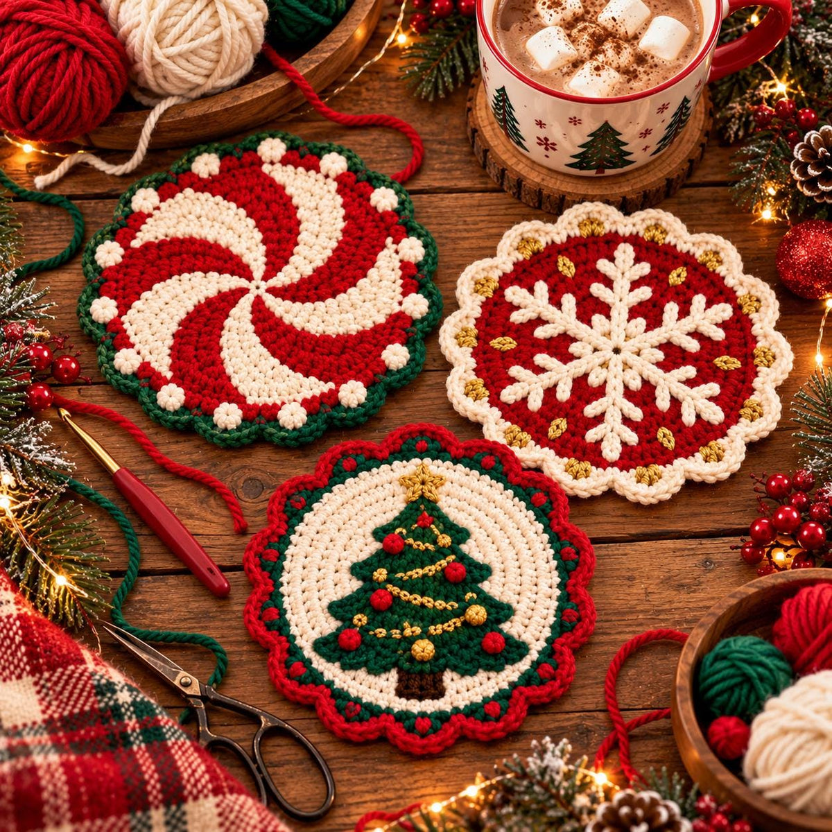 Crochet Holly Christmas Coaster