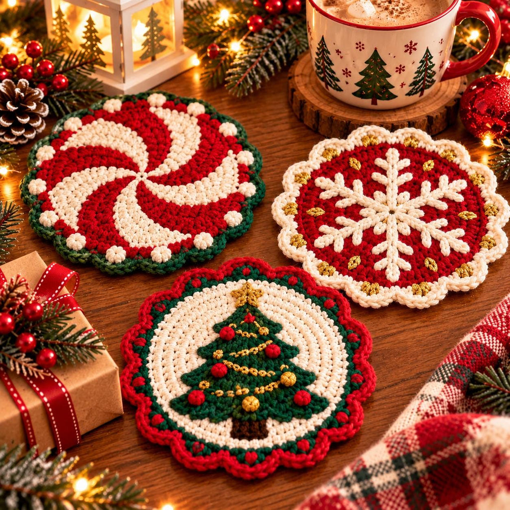 Crochet Holly Christmas Coaster