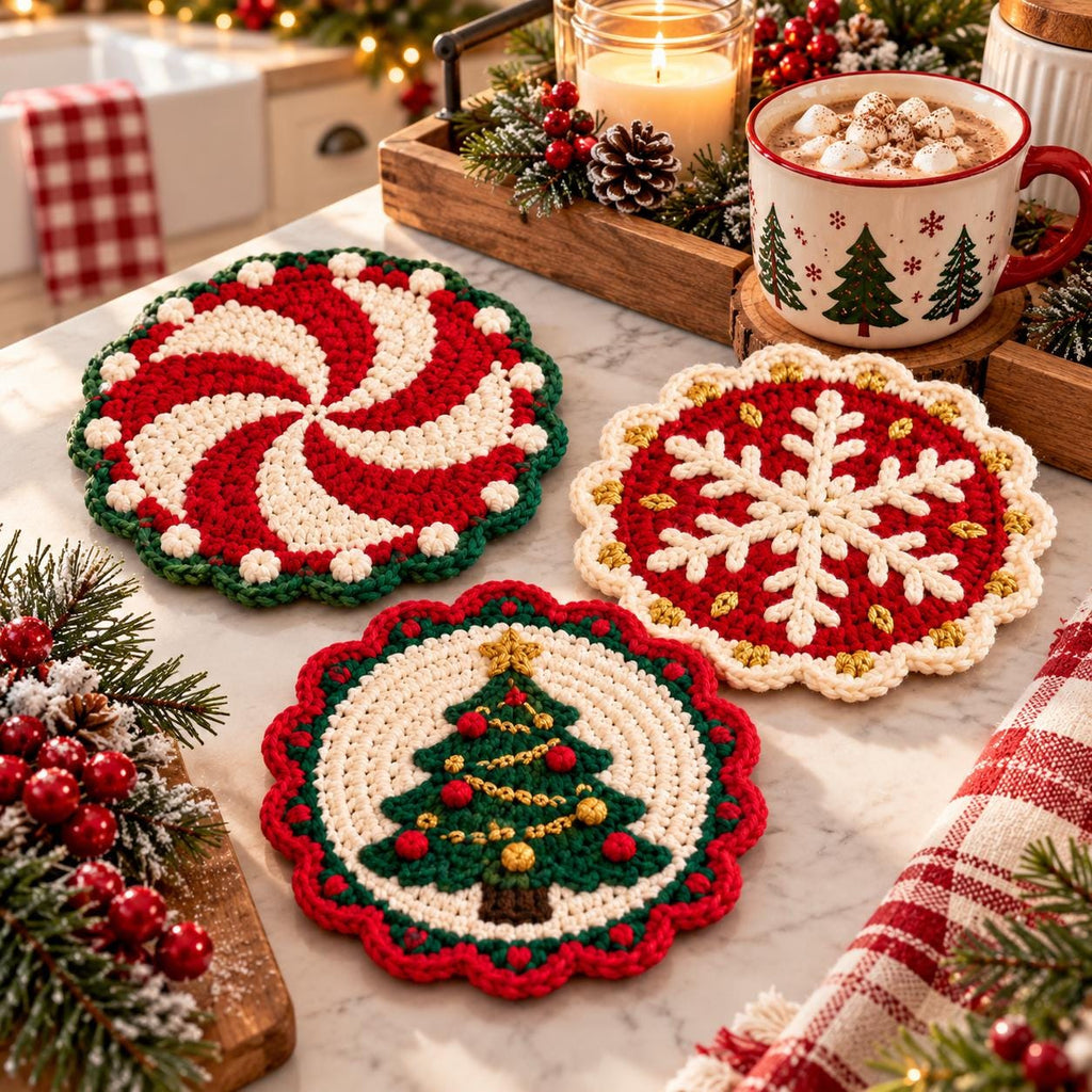 Crochet Holly Christmas Coaster
