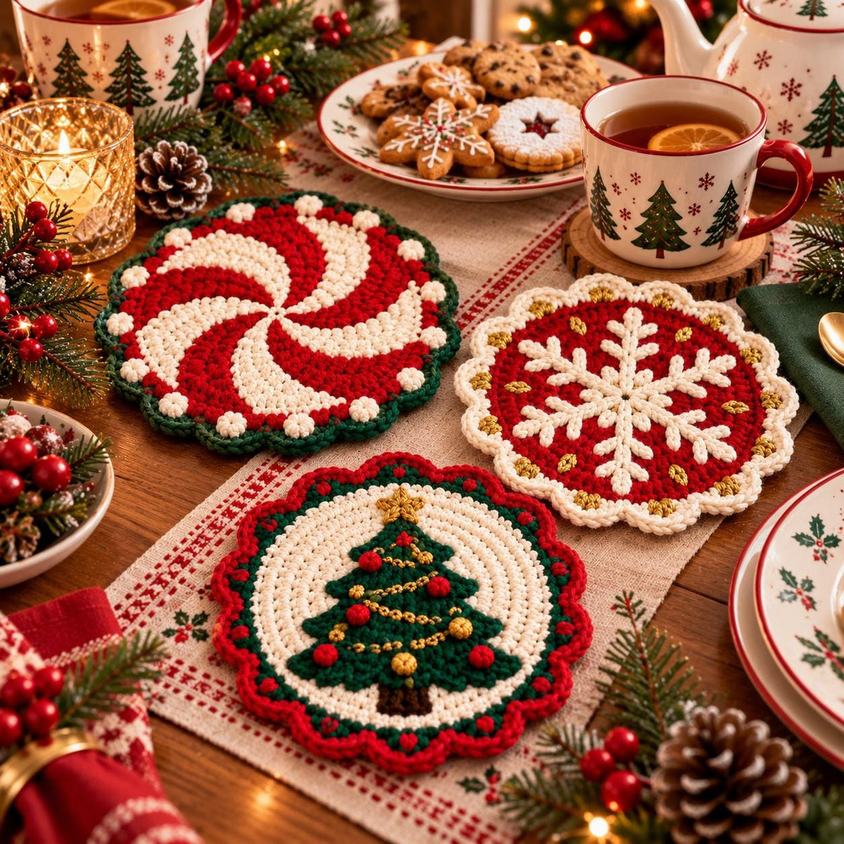 Crochet Holly Christmas Coaster